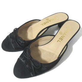 【中古】美品 CHANEL シャネル ココマーク リボン ミュール サンダル サイズ36.5C 約23.5cm ブラック レディース Luxs ブランド古着のリュクス