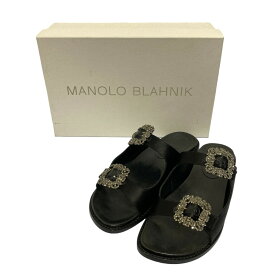 【中古】良品 MANOLO BLAHNIK マノロブラニク STURLUSHANGI ハンギシ サテン フラットサンダル サイズ38 25cm相当 ブラック レディース Luxs ブランド古着のリュクス