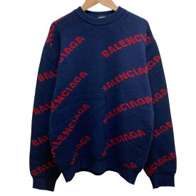 【中古】BALENCIAGA バレンシアガ ロゴジャガード ニットセーター Sサイズ ネイビー メンズ レディース 長袖セーター 美品