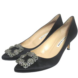 【中古】美品 MANOLO BLAHNIK マノロブラニク ハンギシ ポインテッドトゥ サテン パンプス サイズ39 26cm ブラック レディース Luxs ブランド古着のリュクス