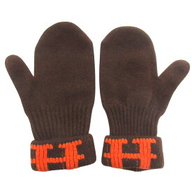 【中古】美品 HERMES エルメス マルジェラ期 希少モデル メンズ ロゴ ニットグローブ ミトン 手袋 ブラウン×オレンジ メンズ Luxs ブランド古着のリュクス