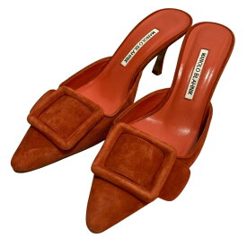 【中古】美品 MANOLO BLAHNIK マノロブラニク メイセール ミュール サンダル サイズ38 1/2 約25.5cm オレンジ レディース Luxs ブランド古着のリュクス