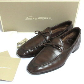 【7%OFFクーポン！2点以上で利用可】【中古】SANTONI サントーニ レザー スリッポン ローファー シューズ 9517 5 24cm相当 ブラウン メンズ ローファー 良品