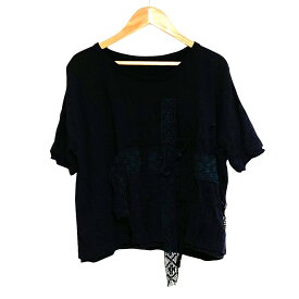 【7%OFFクーポン！2点以上で利用可】【中古】Y's Yohji Yamamoto ワイズ ヨウジヤマモト フロントレース装飾 レーヨンニット カットソー YD-T11-965 サイズ2 ブラック レディース 半袖カットソー 良品