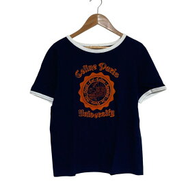 【中古】CELINE セリーヌ ロゴ フロッキープリント カレッジ リンガーTシャツ 2X407734K サイズS ネイビー レディース 半袖Tシャツ 美品