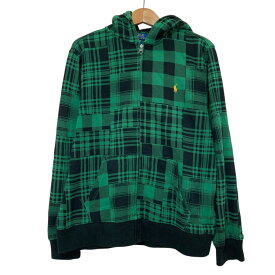 【中古】POLO RALPH LAUREN ポロラルフローレン チェック柄 裏起毛 スウェット ジップパーカー キッズサイズL グリーン キッズ パーカー 美品