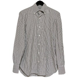 【中古】ISAIA イザイア ストライプ柄 ロングスリーブ ボタンダウン BDシャツ ホワイト ブラウン メンズ 長袖シャツ 良品