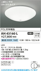 【法人様向け】コイズミ照明 LED小型シーリングライト 人感センサ付ON・OFFタイプ FCL30W相当 昼白色 調光不可 AH43160L