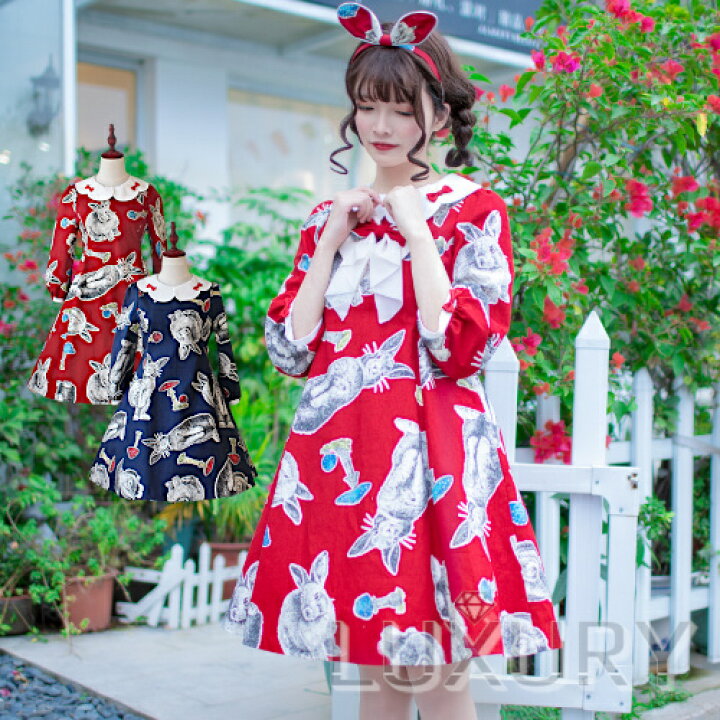 楽天市場】うさぎプリントワンピース 2色 春夏 ミニ ショート丈 A  
