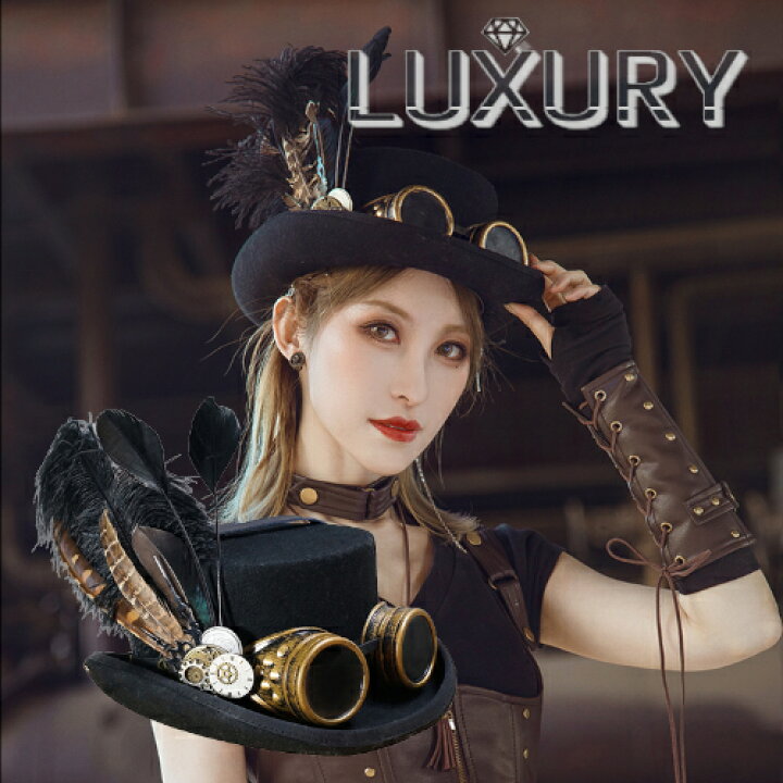 スチームパンク ゴーグル付きハット ギア フェザー 羽 ブラック ウール 秋冬 春物 ロリータファッション loli2159 LUXURY