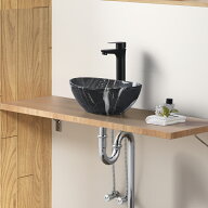 【混合水栓付き】 手洗い器 置き型 洗面ボウル 楕円形 340x270x130mm ミニ 洗面台セット 陶器 黒 ブラッ…