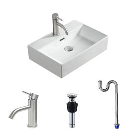 洗面ボウル 置き型 洗面台 陶器 510*360*130mm オシャレ 手洗いボウル ホワイト 洗面器 蛇口 排水金具 セット DIY トイレ 浴室 施主支給 リフォーム