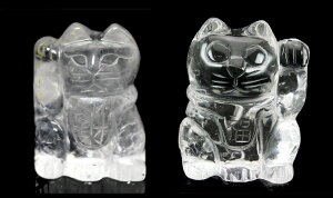 彫刻置物 水晶 クリスタルクォーツ 招き猫 約32×40mm 【財-右手上げ】【福-左手上げ】の二個売り 原石 置石 お守り 開運 祈願 風水 グッズ 風水 天然石 パワーストーン