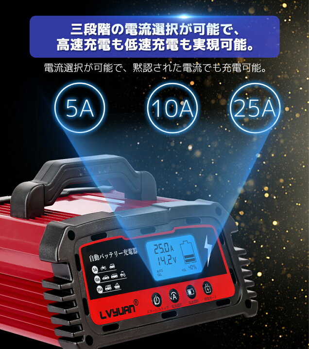 楽天市場 自動パルスバッテリー充電器 定格25a 12v 24v対応 維持充電方式 緊急時 全自動 スマートチャージャー バッテリー診断機能付 Agm Gel車充電可能 自動車 農機 建設機械 小型船舶など 日本語説明書 正式pse取得 Lvyuan リョクエン 1年間保証 Lvyuan楽天市場店