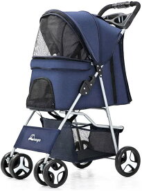 【今日限定、超買得30％OFFクーポン、2度チャンス無し】ペットカート 折り畳み 4輪 ストッパー付き 通気性 小物入れ 手洗い可能 軽量 ドッグカート分離式 対面式 ペット用品収納 組立簡単 小動物 お出かけ ペット散歩 多頭ペットカート (ネイビー