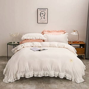 フリル付き 布団カバーセット シングル/セミダブル、3点/4点セット、柔らかい綿100%、肌触りの良い北欧風デザイン、オールシーズン対応、丸洗い可能、ホワイト (ホワイト ダブル)