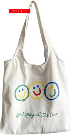 【全店通用25％OFFクーポン】トートバッグ　かわいい　笑顔　プリント柄　マグネット　内側ポケット付き　手提げ　肩掛け　軽量　水洗い　色落ちしない　ショッピング　歩く　折りたたみ　おしゃれ　エコバッグ　37x36cm