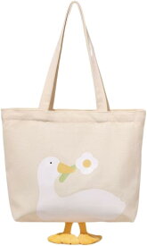 【全店通用25％OFFクーポン】トートバッグ　レディース　大容量　ダック　かわいい　プリント柄　2WAY　ファスナー付き　内側ポケット付き　手提げ　肩掛け　軽量　厚手　通勤　通学　通園　37x34cm　ショルダーバッグ