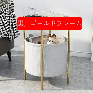 サイドテーブル 布製収納付き おしゃれ 丸型 円形/正方形 スリム 天然木 収納棚 ナイトテーブル 北欧 ソファ テーブル ベッドサイド テーブル 黒/白 61.5cm H × 43cm W × 43