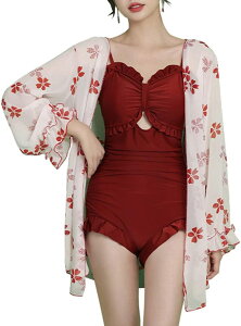 水着 レディース 可愛いトップス付き フリル ワンピース ビキニ 3点セット セクシー スイムウェア 体型カバー 大人 花柄 長袖 E0313C おしゃれ
