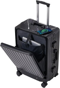 スーツケース フロントオープン USBポート付きキャリーケース カップボルダー 多収納ポケット超軽 静音 旅行出張 修学旅行 アルミフレーム フロントポケット 多機能 アルミフレーム