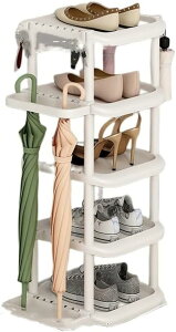 据え置き型シューズラック シューズボックス 下駄箱 靴箱 傘ラック付き 水受けトレイ付き 傾斜台 ツール不要 取り付けやすい 玄関収納 靴収納 (ホワイト 5段)