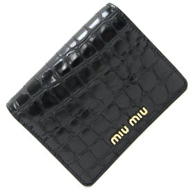 ミュウミュウ 二つ折り財布 5MV204 ブラック レザー 中古 コンパクトウォレット クロコ型押し 黒 レディース MIUMIU