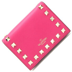ヴァレンティノ 二つ折り財布 ロックスタッズ PW2P0P39 ピンク レザー 中古 コンパクトウォレット ミニ スタッズ スモール レディース 財布 VALENTINO