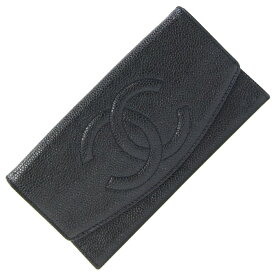 シャネル 二つ折り長財布 ココマーク ブラック キャビアスキン 中古 ロングウォレット ヴィンテージ オールド レディース CHANEL