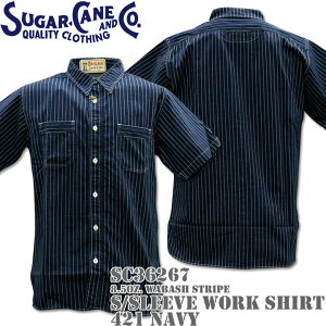 Sugar CaneiVK[P[jF/ROMANCE 8.5oz. WABASH STRIPE WORK SHIRT S/Sleeve SC36267-421 Navy