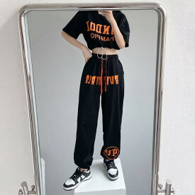 【パンツのみ販売】パンツ ズボン 切り替え バイカラー 配色 LOGO ロゴ 英字 大きいサイズあり 原宿系ファッション 韓国風ダンス 衣装 ヒップホップ HIPHOP 個性 奇抜 かわいい 青文字系 ボトムス レディース 女