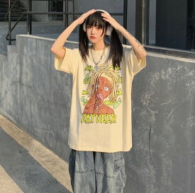 全2色 Tシャツ カットソー 五分 七分 半袖 プリント 切り替え 体型カバー 大きいサイズあり ユニセックス 男女兼用 原宿系ファッション 韓国風ダンス 衣装 ヒップホップ HIPHOP 個性 奇抜 かわいい 青文字系 トップス レディース 女