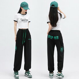 【パンツのみ販売】パンツ ズボン ウエストゴム バイカラー 配色 スリム LOGO ロゴ 英字 HIPHOP ヒップホップ 原宿系ファッション 韓国風ダンス 衣装 ヒップホップ HIPHOP 個性 奇抜 かわいい 青文字系 ボトムス レディース 女