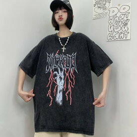 Tシャツ カットソー 五分 七分 半袖 プリント 切り替え バイカラー 配色 体型カバー 大きいサイズあり 原宿系ファッション 韓国風ダンス 衣装 ヒップホップ HIPHOP 個性 奇抜 かわいい 青文字系 トップス レディース 女