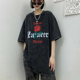 Tシャツ カットソー 五分 七分 半袖 プリント 切り替え 体型カバー 大きいサイズあり ユニセックス 男女兼用 原宿系ファッション 韓国風ダンス 衣装 ヒップホップ HIPHOP 個性 奇抜 かわいい 青文字系 トップス レディース 女