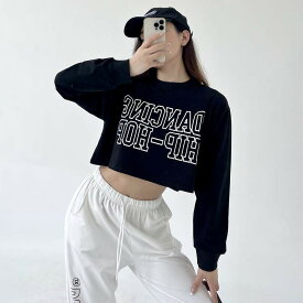 【トップスのみ販売】Tシャツ カットソー 長袖 ショート丈 切り替え 体型カバー LOGO ロゴ 英字 HIPHOP ヒップホップ 大きいサイズあり 原宿系ファッション 韓国風ダンス 衣装 ヒップホップ HIPHOP 個性 奇抜 かわいい 青文字系 トップス レディース 女