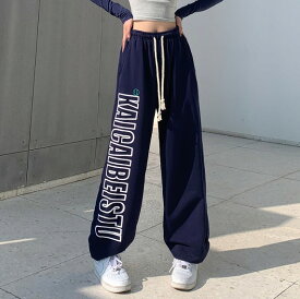 全3色 パンツ ズボン ウエストゴム 切り替え 体型カバー LOGO ロゴ 英字 大きいサイズあり 原宿系ファッション 韓国風 ダンス 衣装 ダンサー ヒップホップ HIPHOP 個性 奇抜 かわいい 青文字系 ボトムス レディース 女