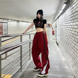全2色 パンツ ズボン ハイウエスト 切り替え 体型カバー 大きいサイズあり 原宿系ファッション 韓国風 ダンス 衣装 ダンサー ヒップホップ HIPHOP 個性 奇抜 かわいい 青文字系 ボトムス レディース 女