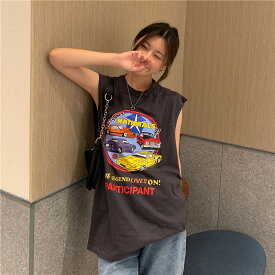 全2色 Tシャツ カットソー ノースリーブ 袖なし 切り替え バイカラー 配色 体型カバー LOGO ロゴ 英字 原宿系ファッション 韓国風 ダンス 衣装 ダンサー ヒップホップ HIPHOP 個性 奇抜 かわいい 青文字系 トップス レディース 女