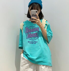 全5色 Tシャツ カットソー 五分 七分 半袖 切り替え バイカラー 配色 体型カバー LOGO ロゴ 英字 大きいサイズあり 原宿系ファッション 韓国風 ダンス 衣装 ダンサー ヒップホップ HIPHOP 個性 奇抜 かわいい 青文字系 トップス レディース 女