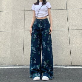 パンツ ズボン プリント スリット ハイウエスト 体型カバー 大きいサイズあり 原宿系ファッション 韓国風 ダンス 衣装 ダンサー ヒップホップ HIPHOP 個性 奇抜 かわいい 青文字系 ボトムス レディース 女