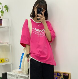 全5色 Tシャツ カットソー 五分 七分 半袖 プリント 切り替え 体型カバー LOGO ロゴ 英字 大きいサイズあり 原宿系ファッション 韓国風 ダンス 衣装 ダンサー ヒップホップ HIPHOP 個性 奇抜 かわいい 青文字系 トップス レディース 女