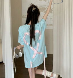 Tシャツ カットソー 五分 七分 半袖 切り替え バイカラー 配色 体型カバー ラウンドネック 丸首 丸襟 原宿系ファッション 韓国風 ダンス 衣装 ダンサー ヒップホップ HIPHOP 個性 奇抜 かわいい 青文字系 トップス レディース 女