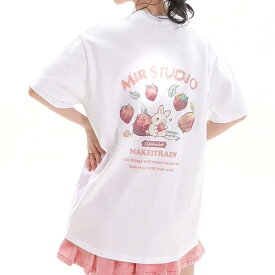 全3色 S~3XL展開 トップス カットソー Tシャツ ブラック ピンク ホワイト 苺 うさぎ プリント ビッグ ゆったり 半袖 五分袖 七分袖 ダンス 衣装 ヒップホップ HIPHOP レディース メンズ ガールズ ストリート 大人 個性的 かわいい