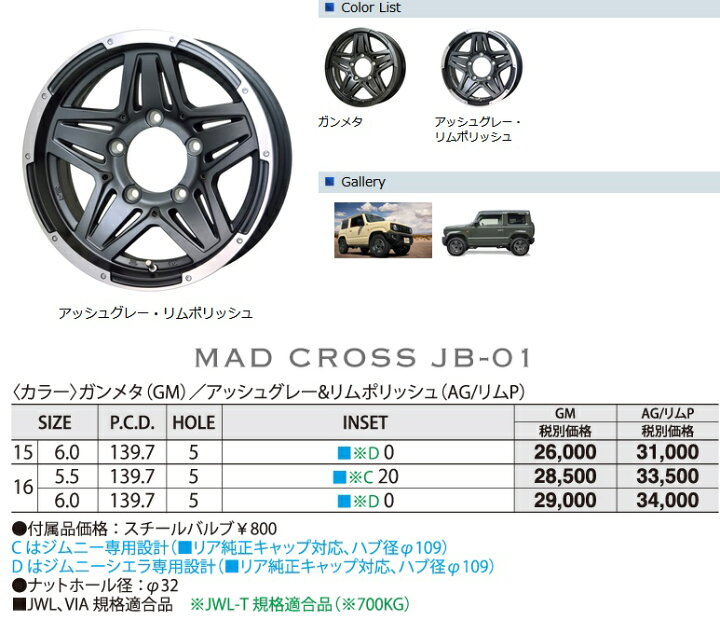 楽天市場】15インチ JB-01 6J +0 5H-139.7 1本 ホイール リム 