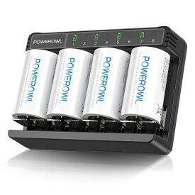 POWEROWL 単一充電池 充電器 セット 単一電池・単二電池・単三電池・単四電池 8本同時充電可能 ニッケル水素/ニカド充電池に対応 (充電器 2 USB (1.0A*2)＋単一電池（10000mAh）＊4本)