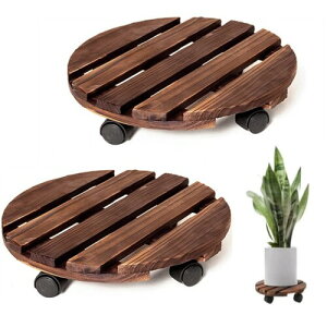 植木鉢台2個セット植木鉢 受け皿 可動式 木製花台 フラワースタンド キャスター付き ストッパー機能付 プーリ付属 園芸ラック 植木鉢スタンド屋外 室内、庭用 (円形直径30 cm)