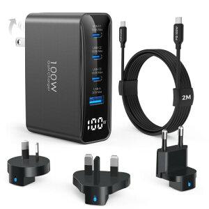 TOPADRE �C�O���s�p 100W �[�d�� ���ەϊ��v���O4�����Ή� (EU/UK/US/AU)�t�� GaN III �R���p�N�g �܂��ݎ� �f�W�^���\�� 4�|�[�g �}���[�d PSE�F�؍ς� iPhone/Android/MacBook/iPad�ȂǑ��@��Ή�