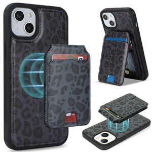 Havaya iPhone15Plus ケース MagSafe 対応 iPhone 15 Plus ケース マグセーフ 分離式 耐衝撃 背面カード収納 ワイヤレス充電対応 フェイクレザー(6.7インチ対応)-ブラック (ヒョウ柄)