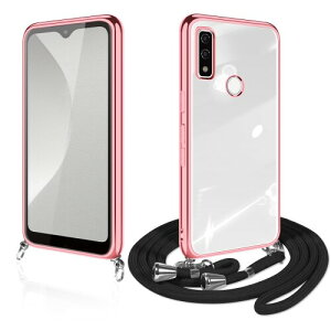 Arrows We F-51B ケース クリア ショルダー FCG01 スマホケース 透明 TPU カバー ストラップ付き 肩掛け 首掛け 紐付き 斜めがけ 薄型 耐衝撃(ローズゴールド)